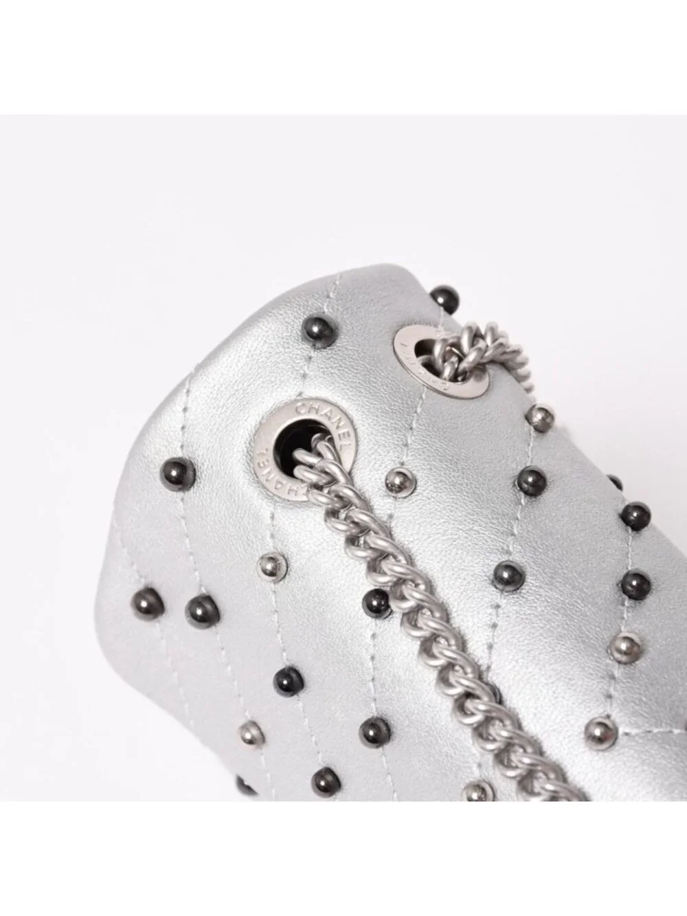 Chanel Chevron Stud Wars Chain Shoulder Bag CC Logo Calfskin Silver
